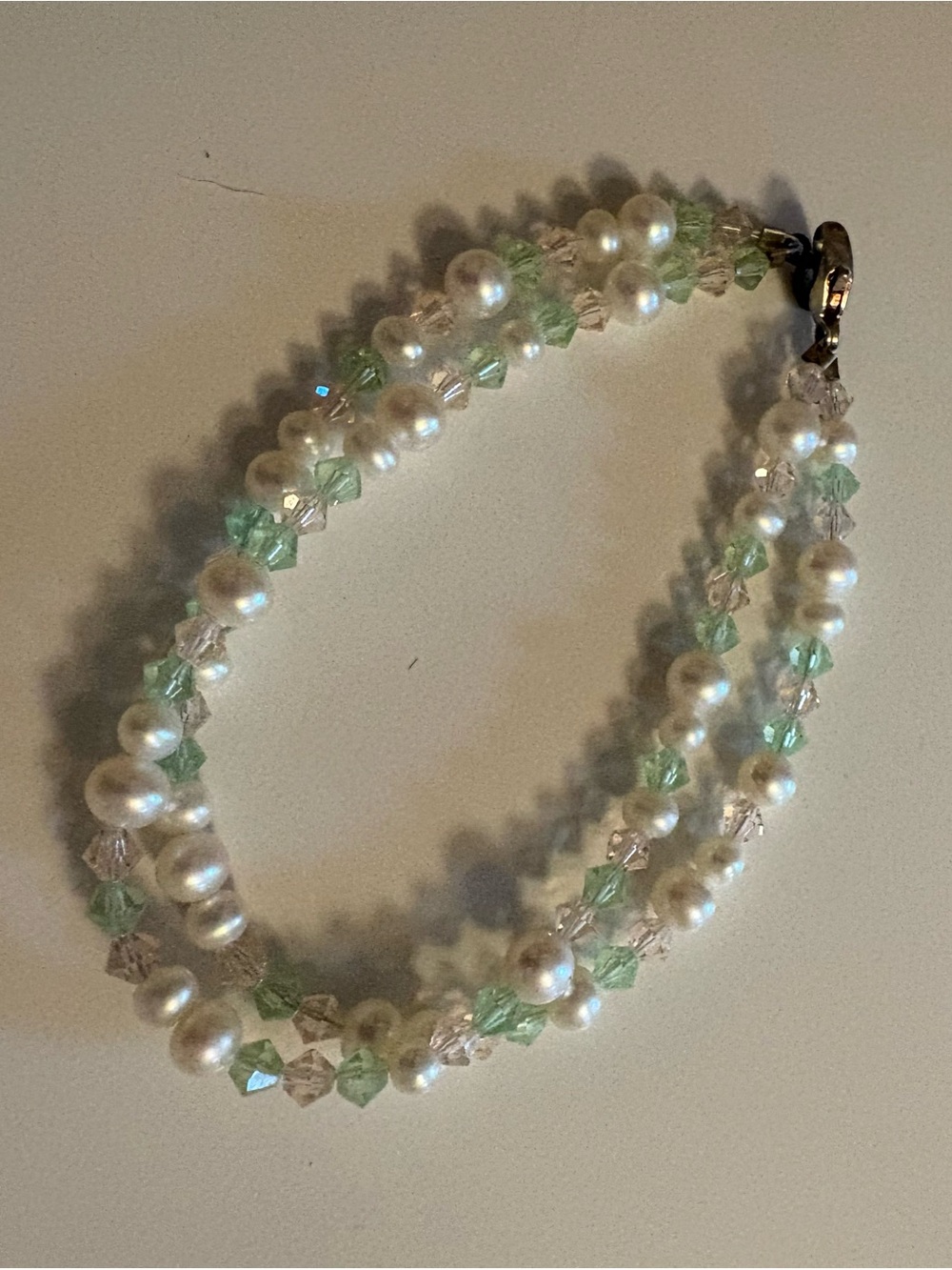 Pearl and Light Green Crystal Two-Strand Bracelet - Unbranded